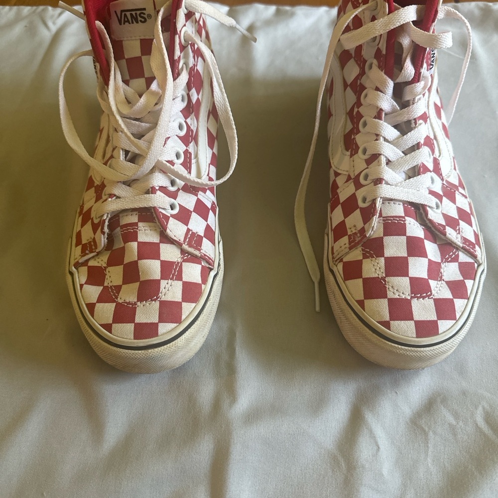 Vans Sk8 Hi Red and White Checkered Sneakers (W 7)